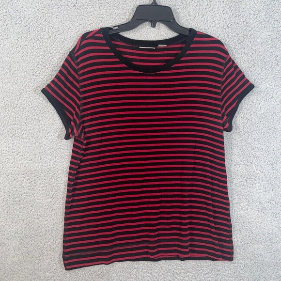 Chico's T Shirt Womens 3 Red Black Stripes Short Sleeve Round Neck Casual Top - Picture 1 of 15